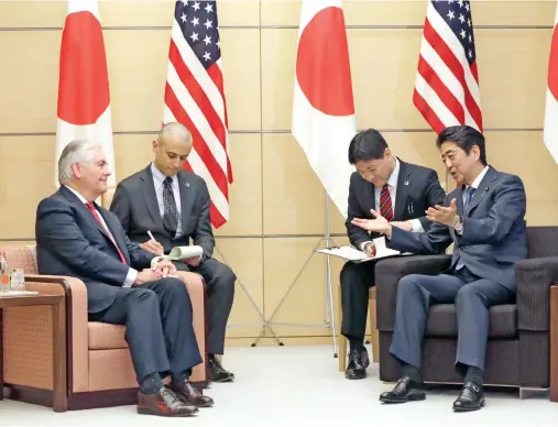  ??  ?? The US-Japan alliance remains the cornerston­e of peace and stability in the Asia-Pacific region, said US Secretary of State Rex Tillerson during official talks in Tokyo. (AP)