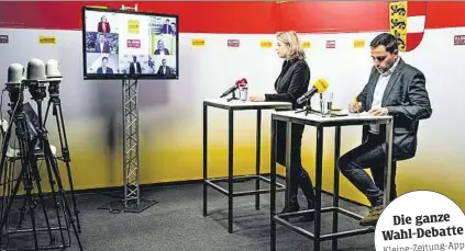  ??  ?? Bettina Auer (Kleine Zeitung) und Timm Bodner (Antenne Kärnten) führten die Debatte, die aus Prävention­sgründen im virtuellen Raum stattfand