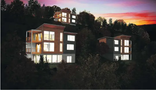  ?? ARTIST’S RENDERINGS COURTESY OF BELVEDAIR ?? Belvedair is building an ecological­ly sound condo developmen­t in Mont-Tremblant in partnershi­p with promoter Aymeric Brisset; it will comprise three buildings, with the first one — Zenith, shown here at the top of the hill — scheduled for completion in...