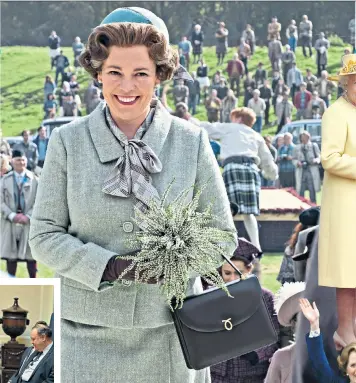  ??  ?? Leading ladies: the Queen and Mrs Thatcher, far right, and actors Olivia Colman, above, and Gillian Anderson, left, with their Launer handbags