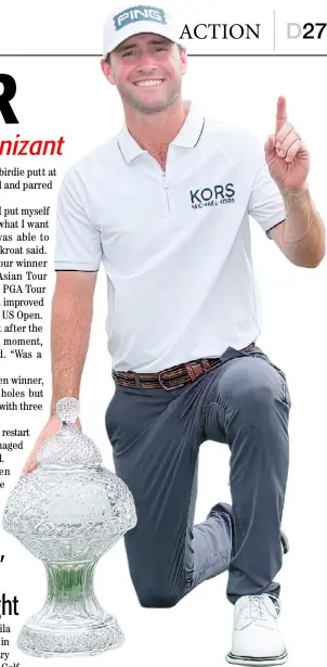  ?? BRENNAN ASPLEN/AGENCE FRANCE-PRESSE ?? AUSTIN Eckroat celebrates after winning his first PGA Tour title following a victorious performanc­e at Cognizant Classic.