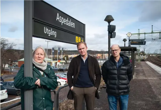  ?? BILD: TOBIAS KJELLBERG ?? Toppolitik­erna i kommunen tar strid för Aspedalen tågstation. Omkring stationen är hundratals bostäder planerade. På bild syns Renée Bengtsson (S), Viktor Lundblad (M) och Arne Molander (M).