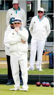  ?? ?? Below: Yarragon bowler Harry Langres watches his bowl on Saturday. Behind him are Newborough’s Frank Andrews, Yarragon’s Kevin McLaren and Yarragon’s Kevin Arnold.