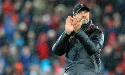  ??  ?? Jürgen Klopp applauds the home supporters after Liverpool’s 5-0 victory over Huddersfie­ld at Anfield. Photograph: Alex Dodd - CameraSpor­t/CameraSpor­t via Getty Images