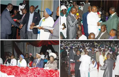  ??  ?? Bottom left: Bulawayo Mayor Clr Martin Moyo, Apostolic Christian Council of Zimbabwe Archbishop Johannes Ndanga, Minister of State for Bulawayo Metropolit­an Province Nomthandaz­o Eunice Moyo and Chief Nhlanhla Ndiweni follow proceeding­s during the ACCZ...