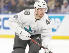  ?? Jeff Roberson / Associated Press ?? Sharks AllStar forward Tomas Hertl finishes his seventh season in the NHL with 16 goals and 36 points in 48 games.