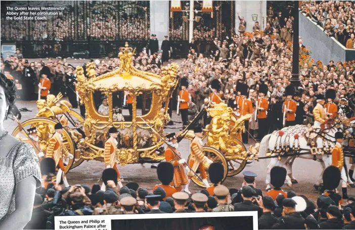  ?? ?? The Queen leaves Westminste­r Abbey after her coronation in the Gold State Coach.