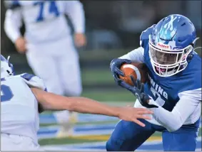  ?? KYLE FRANKO — TRENTONIAN PHOTO ?? Ewing wide receiver Tyreek Rollins (2) tries to avoid a tackle attempt by Northern Burlington’s Ashton Ford (5) during a WFJL game at Bruce S. Martz Field. Rollins is Ewing’s first ever Mammy Award winner.