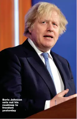  ??  ?? Boris Johnson sets out his roadmap to freedom yesterday