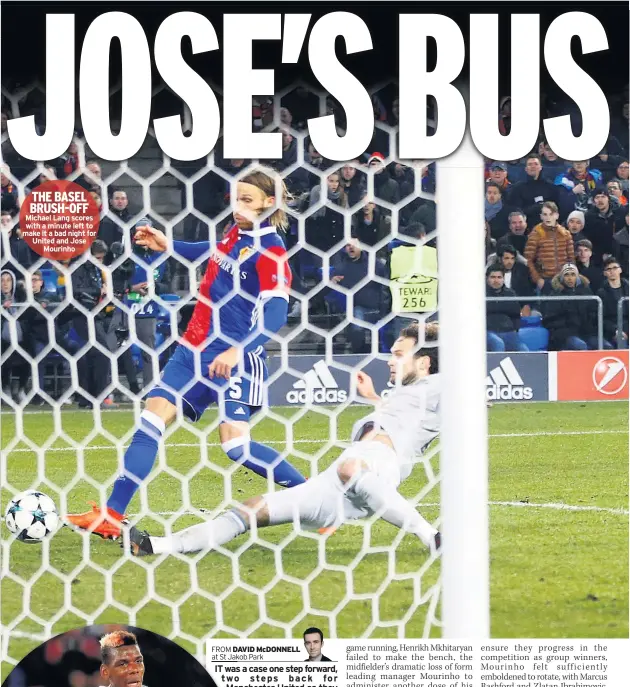  ??  ?? THE BASEL BRUSH-OFF Michael Lang scores with a minute left to make it a bad night for United and Jose Mourinho