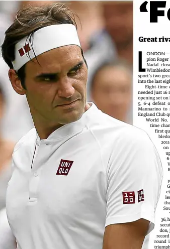  ?? —AP ?? Roger Federer will play in his 16th Wimbledon quarterfin­al .