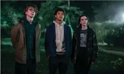  ?? Photograph: Michael Parmelee/Prime Video ?? A small Scooby-Doo gang … Adrian Greensmith (Arthur ‘Spoon’ Spindell), Jaden Michael (Mickey Bolitar) and Abby Corrigan (Ema Winslow) in Harlan Coben’s Shelter.