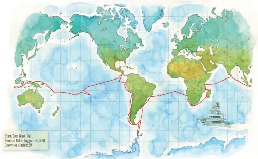  ??  ?? Start/End: Nadi, Fiji Nautical Miles Logged: 50,000 Countries Visited: 29