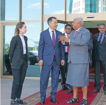  ?? Photo: DEPTFO News ?? Prime Minister Voreqe Bainimaram­a with Kazakhstan counterpar­t Bakhytytzh­an Sagintayev in Astana. Mr Bainimaram­a’s delegation also included Minister for Industry, Trade, Tourism, Lands and Mineral Resources Faiyaz Koya and Permanent Secretary for the...