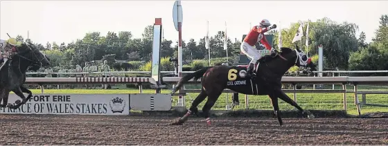  ?? JULIE JOCSAK THE ST. CATHARINES STANDARD ?? Luis Contreras raises his fist in jubilation after jockeying Cool Catomine first across the finish line at Fort Erie Race Track last year to win the Prince of Wales Stakes.