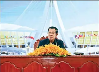  ?? HUN SEN’S FACEBOOK PAGE ?? Prime Minister Hun Sen speaks during an inspection of the under-constructi­on Morodok Techo National Sports Complex, the main stadium for Cambodia’s hosting of the 2023 Southeast Asian Games.