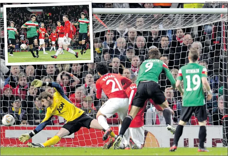  ?? Pictures: STUART ROBINSON ?? UPS AND DOWNS: Fernando Llorente, second right, powers in a header to equalise for Athletic Bilbao at Old Trafford last night, after Wayne Rooney, inset, had fi red Manchester United ahead