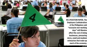  ??  ?? IN A POSITION PAPER, The Employers Confederat­ion of the Philippine­s said “excessive non-working days” will likewise affect the cost of doing businesses, pressuring micro, small and medium enterprise­s that make up much of the economy.