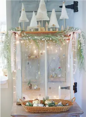  ??  ?? |BOTTOM RIGHT| DIY DREAM. This dreamy vignette is decorated with Desirée’s DIY projects, including a vintage window shadow box display and fabric trees. “I cut fabric into triangles, stuff them with Poly-Fil, sew them up, insert a dowel rod up the middle and secure the other end of the rod into a wooden block or small flower frog,” she says. “I usually embellish them with a button or pearl on top.” These trees rest on a shelf that’s attached to the vintage door, acting as a topper to the window display underneath. The window itself is simply leaning against the door. “I don’t like hanging heavy things,” she says. “I prefer to lean anything breakable.”