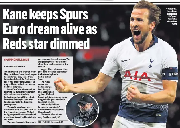  ??  ?? Vital strike: Harry Kane celebrates his Spurs’ Wembley winner lastnight