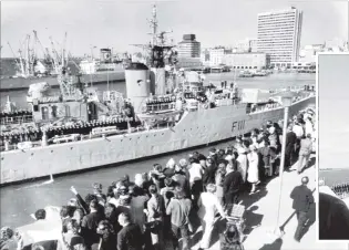  ??  ?? Prime Minister Norman Kirk farewells HMNZS Otago from Auckland on June 28, 1973 and (left) the frigate returns in August.