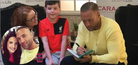  ??  ?? Calum Best chats to fans in Quayside Shopping Centre on Saturday. Inset: Cara Pharmacy owner Ramona Nicholas with Best in Sligo.