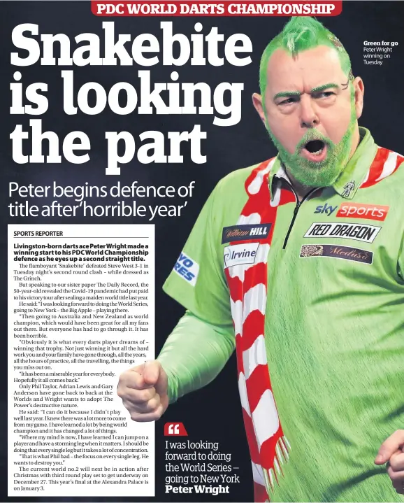  ??  ?? Green for go Peter Wright winning on Tuesday