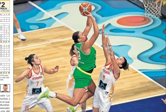  ??  ?? TITÁNICA. Liz Cambage lanza a canasta ante Laura Nicholls. La pívot australian­a, de 2,03 m, dominó las zonas y decidió el triunfo de su equipo.