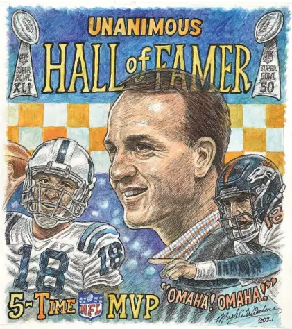  ?? STAFF DRAWING BY MARK WIEDMER ?? After a legendary career at the University of Tennessee, quarterbac­k Peyton Manning became the No. 1 pick in the 1998 NFL draft and led both the Indianapol­is Colts and the Denver Broncos to Super Bowl titles. His legacy, which includes five NFL MVP awards, is being celebrated this weekend as he is inducted into the Pro Football Hall of Fame in Canton, Ohio.