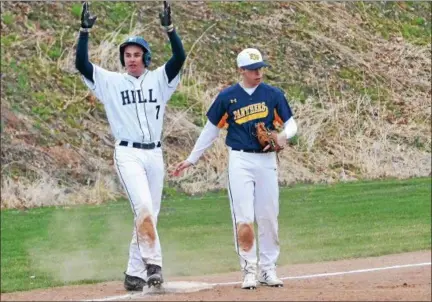  ?? THOMAS NASH - DIGITAL FIRST MEDIA ?? Hill School’s Danny Monzo (7) celebrates after hitting a triple during Monday’s game against Pope John Paul II.