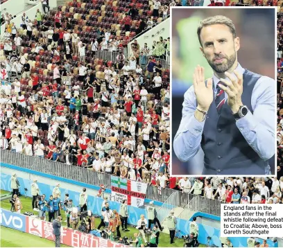  ??  ?? England fans in the stands after the final whistle following defeat to Croatia; Above, boss Gareth Southgate