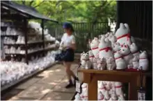  ??  ?? A woman looking at cat figurines called “maneki-neko” at the Gotokuji temple in Tokyo.