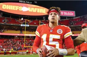  ?? ?? Kansas City Chiefs quarterbac­k Patrick Mahomes heads off the field Nov. 6, 2022, after a 20-17 overtime win against the Tennessee Titans at GEHA Field at Arrowhead Stadium in Kansas City, Missouri. (Tammy Ljungblad/the Kansas City STAR/TNS)