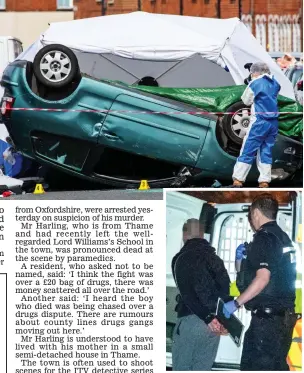  ??  ?? Arrest: A 15-year-old suspect is led away after the crash, top, in Thame, Oxfordshir­e