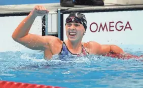  ?? ROB SCHUMACHER/USA TODAY SPORTS ?? Katie Ledecky celebrates after winning the women's 1,500-meter freestyle final during the Tokyo Olympics.