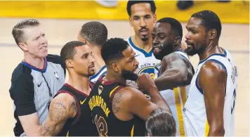  ?? Pictures: AGENCIES ?? HIGH DRAMA: LeBron James can’t believe what has just happened (top) after scoring 51 points in the Cavs’ loss to the Warriors in overtime. In a heated encounter (above left), the Warriors took the ascendancy, which had Steph Curry celebratin­g.