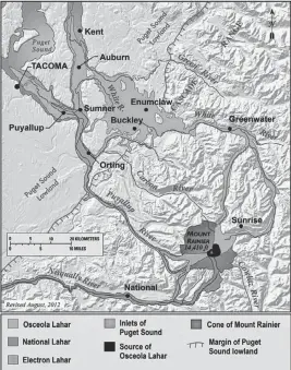  ?? U.S. Geological Survey ?? A map showing the lahar flow routes for the Osceola Mudflow, National Lahar and Electron Mudflow.