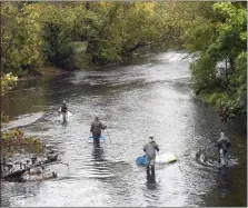  ?? BILL UHRICH — MEDIANEWS GROUP ?? Volunteers release rainbow trout as they float stock the Tulpehocke­n Creek near Reber’s Bridge in Bern Township Thursday, Oct. 13, 2022.
