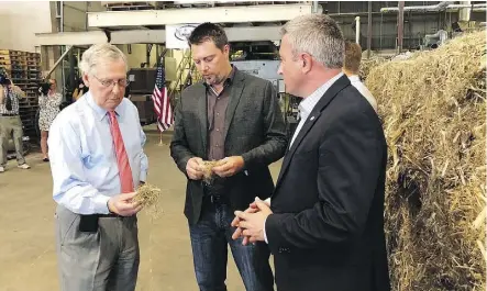  ?? BRUCE SCHREINER/AP PHOTO ?? U.S. Senate Majority Leader Mitch McConnell, left, has proposed legislatio­n that would remove hemp from the Controlled Substances Act, making it federally legal in the United States.