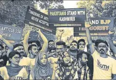  ??  ?? Activists chant antiIndia slogans during a protest held to oppose abrogation of Article 35A, Lahore, 2017 LIGHTROCKE­T VIA GETTY IMAGES