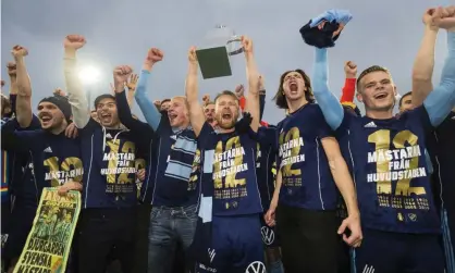  ??  ?? Djurgården celebrate winning the 2019 title. The 2020 season was due to start in April. Photograph: Michael Campanella/Getty Images