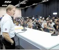  ?? AP/DARRON CUMMINGS ?? Oakland Raiders Coach Jon Gruden addresses reporters Wednesday at the NFL scouting combine in Indianapol­is. Gruden said the biggest difference coaching now and 10 years ago is the lack of communicat­ion coaches can have with players during the offseason...