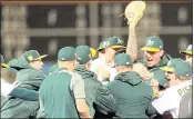  ?? RAY CHAVEZ — STAFF PHOTOGRAPH­ER ?? A’s pitcher Sean Manaea, holding his glove up, is mobbed by teammates after his no-hitter Saturday against Boston.