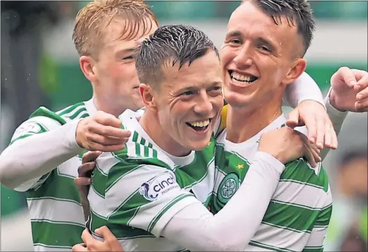  ??  ?? It was smiles all round for Celtic. Captain Callum Mcgregor gave the plaudits to David Turnbull as the midfielder scored his first senior hat-trick in the 6-0 rout of St Mirren