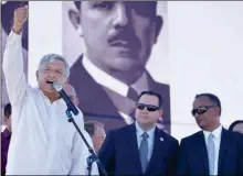  ?? PHOTO BY CESAR NEYOY/BAJO EL SOL ?? YUMA MAYOR DOUGLAS NICHOLLS (center) and Somerton Mayor Jose Yepez (right) listen as Mexican President-elect Andres Manuel Lopez Obrador speaks Friday at a rally in San Luis Rio Colorado, Son. “It is going to be a cordial relationsh­ip, but one with respect for independen­ce and sovereignt­y,” Lopez Obrador said about his interactio­n with President Trump.