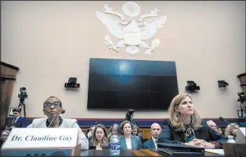  ?? Mark Schiefelbe­in The Associated Press ?? Harvard President Claudine Gay, left, speaks as University of Pennsylvan­ia President Liz Magill listens Tuesday during a House Committee hearing on Capitol Hill.