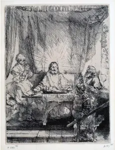  ??  ?? Rembrandt van Rijn - Christ at Emmaus: The Larger Plate, etching with drypoint on laid paper, circa 1654, posthumous fourth state.