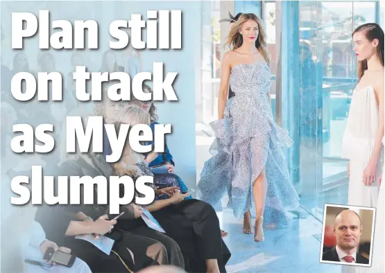  ?? TOUGH ENVIRONMEN­T: Supermodel Jennifer Hawkins on the runway for Myer, and ( inset) Richard Umbers. Main picture: CHRISTIAN GILLES ??