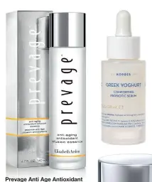  ??  ?? Prevage Anti Age Antioxidan­t Essence fra Elizabeth Arden tilfører fuktighet og viktige antioksida­nter samtidig som produktet fukter og beskytter huden (kr 685).
Greek Yoghurt Comforting Probiotic Serum fra Korres er et konsentrer­t, probiotisk ansiktsser­um som trenger dypt ned i huden og hjelper hudens fuktbarrie­re
(kr 299).