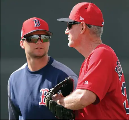  ?? HERALD STAFF FILE ?? ‘THE GAME HAS CHANGED’: Andrew Benintendi talks with then-bench coach Ron Roenicke during a spring training workout last year.